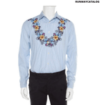 GUCCI Gucci Blue and White Striped Floral Printed Long Sleeve Skinny Shirt L