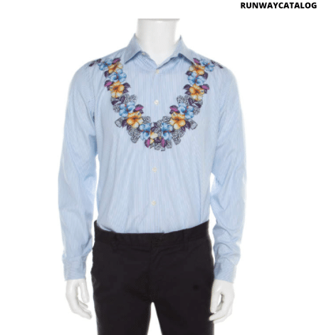 GUCCI Gucci Blue and White Striped Floral Printed Long Sleeve Skinny Shirt L