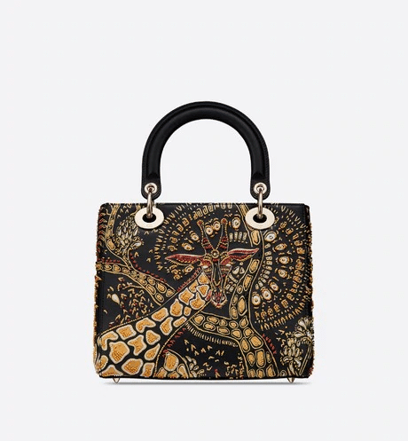Christian Dior Medium Brown Lady Dior Dior Animals Embroidered Smooth Calfskin Bag