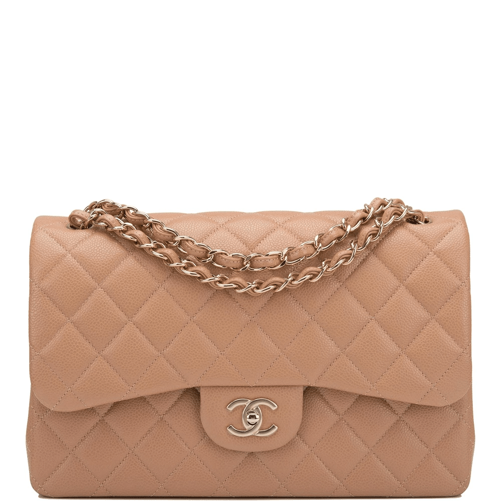 Chanel Beige Shiny Quilted Caviar Jumbo Classic Double Flap Bag