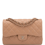 Chanel Beige Shiny Quilted Caviar Jumbo Classic Double Flap Bag