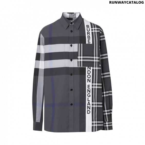 Burberry Logo Print Patchwork Check Cotton Oversized Shirt