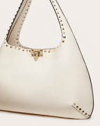 Valentino Rockstud Grainy Calfskin Hobo Bag In White