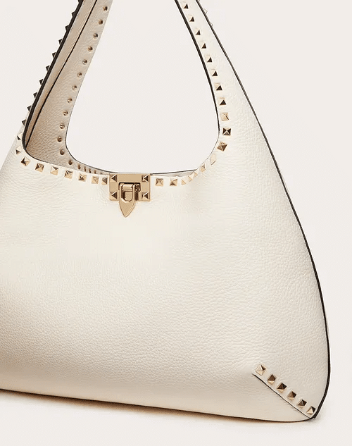 Valentino Rockstud Grainy Calfskin Hobo Bag In White