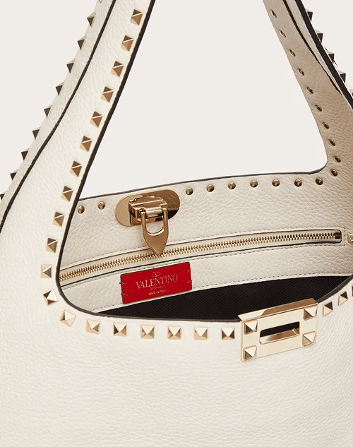 Valentino Rockstud Grainy Calfskin Hobo Bag In White