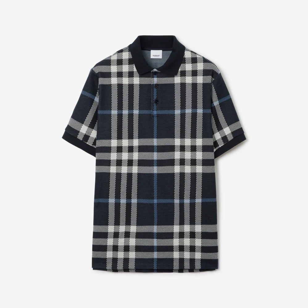Check Cotton Jacquard Polo Shirt Dark Blue