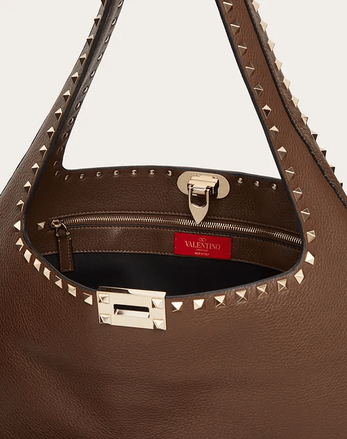 Valentino Rockstud Grainy Calfskin Hobo Bag In Brown
