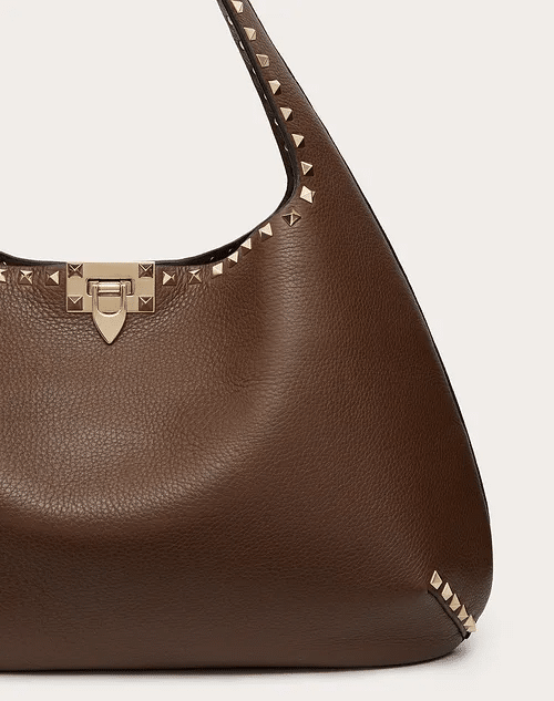 Valentino Rockstud Grainy Calfskin Hobo Bag In Brown