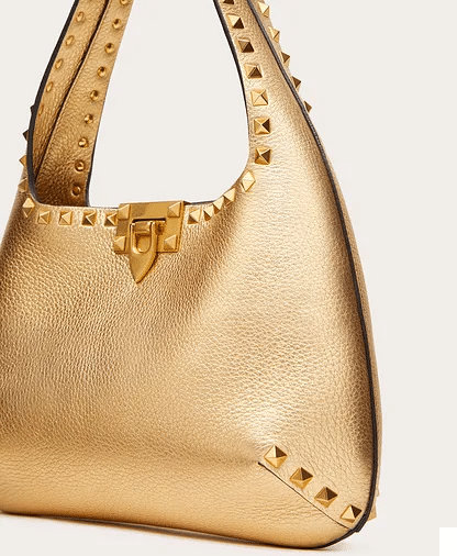 Valentino Small Rockstud Metallic Grainy Calfskin Hobo Bag