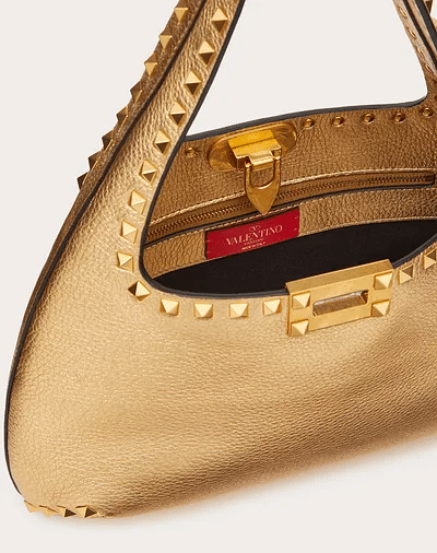 Valentino Small Rockstud Metallic Grainy Calfskin Hobo Bag