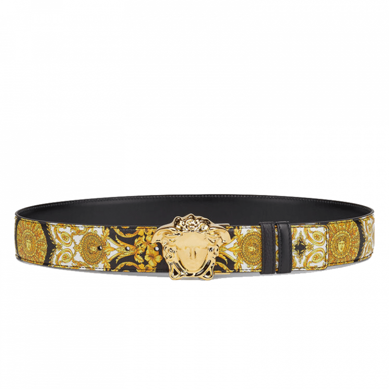 Versace La Medusa Gold Hibiscus Print Belt