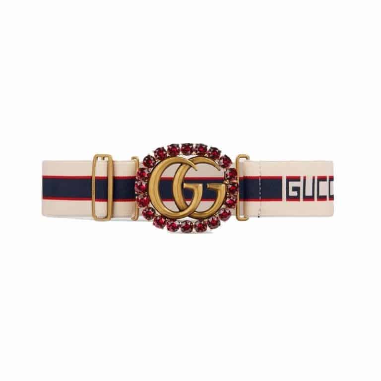 Gucci stripe belt with Double G and crystals