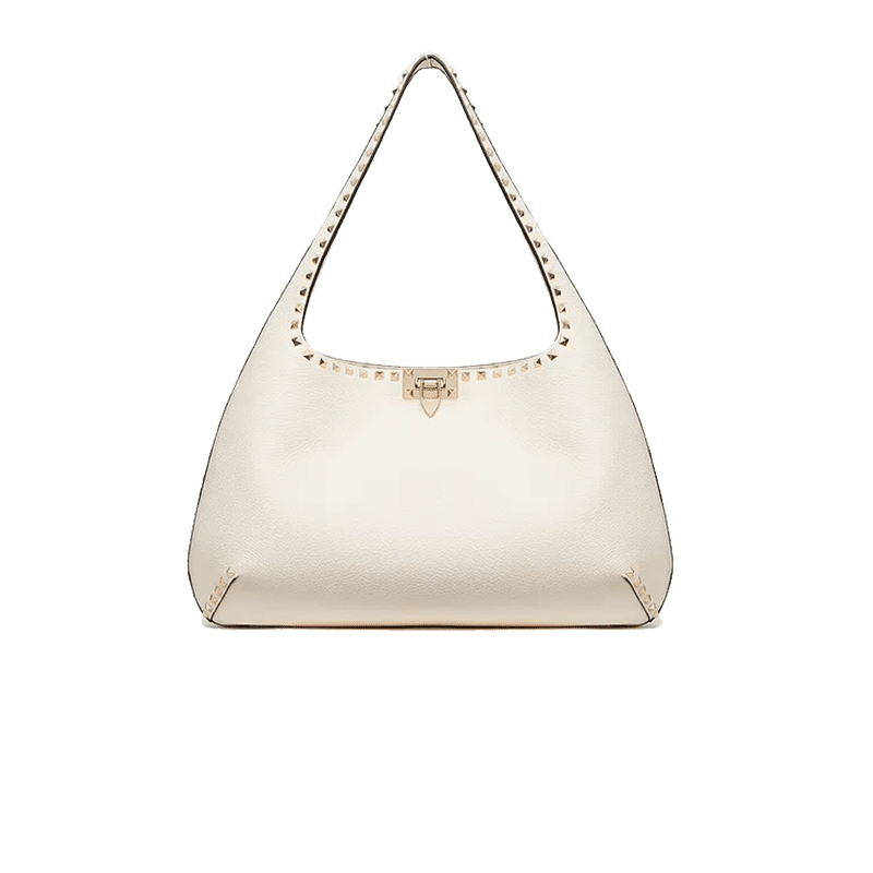 Valentino Rockstud Grainy Calfskin Hobo Bag In White