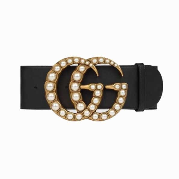 Gucci Wide leather belt with pearl Double G