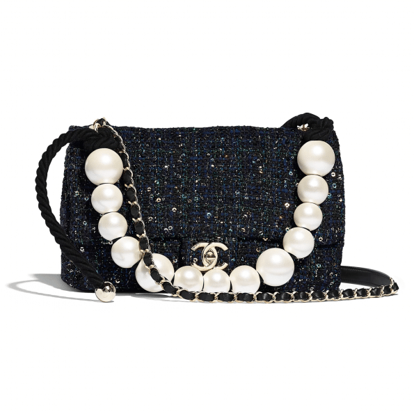 Chanel Black Tweed Fabric &amp; Pearls Classic Single Flap Bag