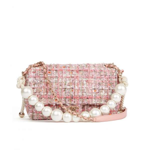 Chanel Pink Tweed Fabric &amp; Pearls Classic Single Flap Bag