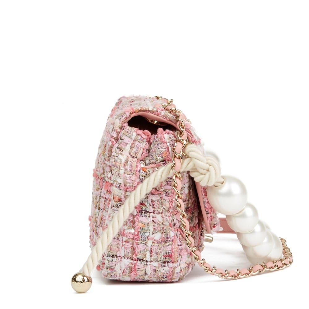 Chanel Pink Tweed Fabric &amp; Pearls Classic Single Flap Bag