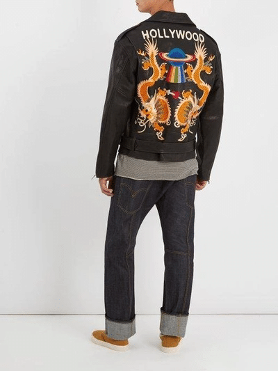 GUCCI- Dragon Appliqué Leather Jacket - Mens - Black