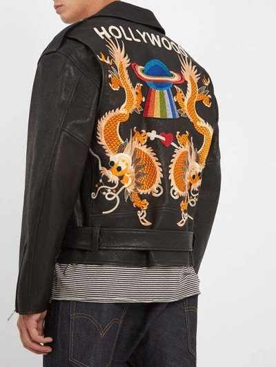 GUCCI- Dragon Appliqué Leather Jacket - Mens - Black