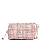 Chanel Pink Tweed Fabric &amp; Pearls Classic Single Flap Bag