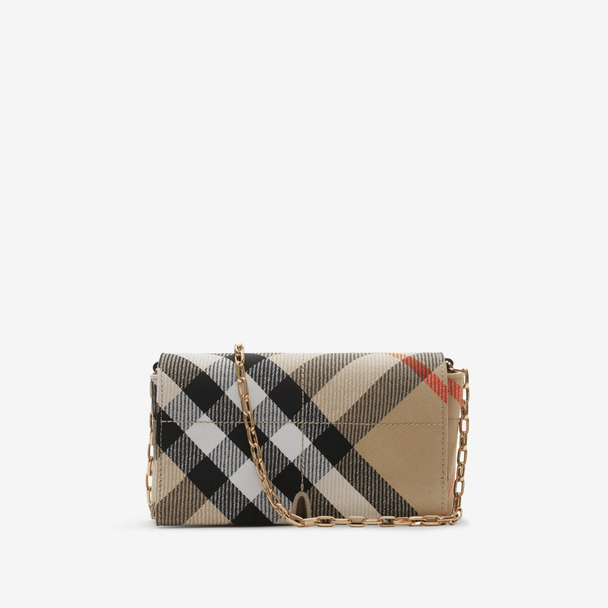 A Burberry Check Compact Bag, crafted from a water-repellent cotton blend with a detachable chain strap, B-cut hardware, geometric topstitching, and a tonal leather lining.