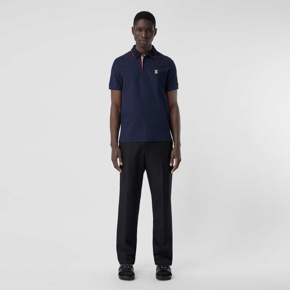 Icon Stripe Placket Cotton Piqué Polo Shirt Navy