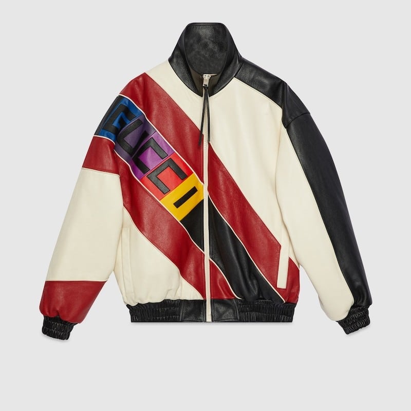 LEATHER BOMBER JACKET WITH GUCCI LETTERING