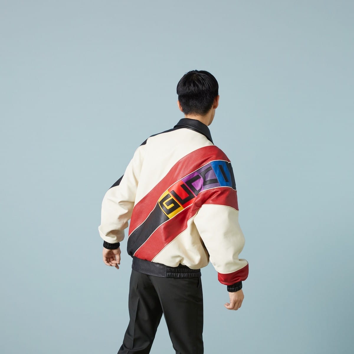 LEATHER BOMBER JACKET WITH GUCCI LETTERING
