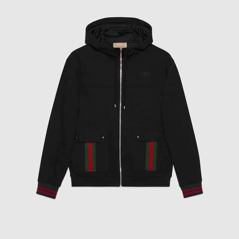 COTTON JERSEY BLACK HOODED JACKET WITH WEB
