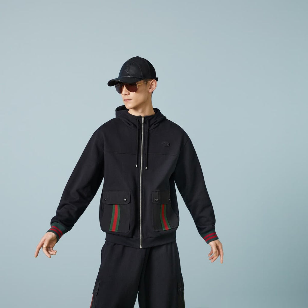 COTTON JERSEY BLACK HOODED JACKET WITH WEB