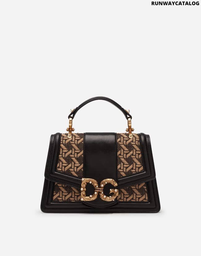 DOLCE &amp;GABBANA SMALL DG AMORE BAG IN BRAIDED RAFFIA AND POLISHED COWHIDE