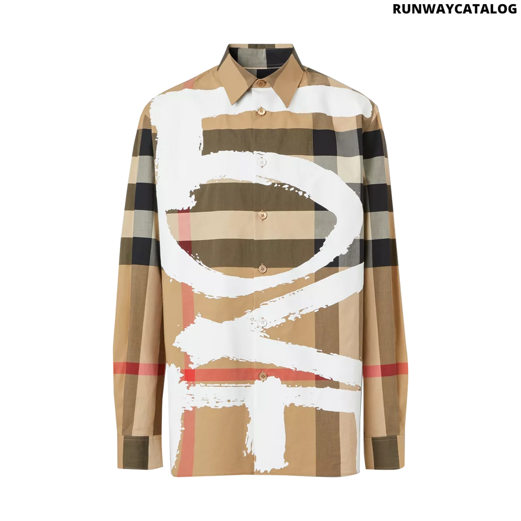 Burberry Love Print Check Stretch Cotton Oversized Shirt