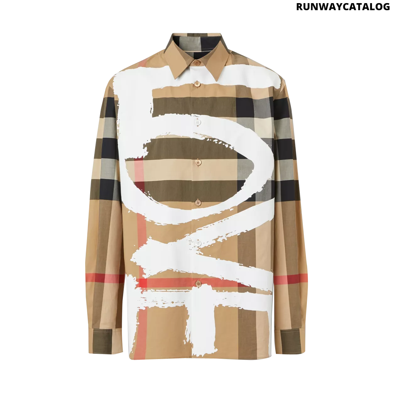 Burberry Love Print Check Stretch Cotton Oversized Shirt