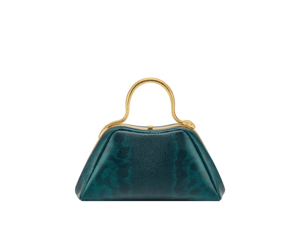 Bvlgari Serpentine Mini Top Handle Bag in bright forest emerald shiny karung with a gold-plated snake body handle and red enamel eyes.