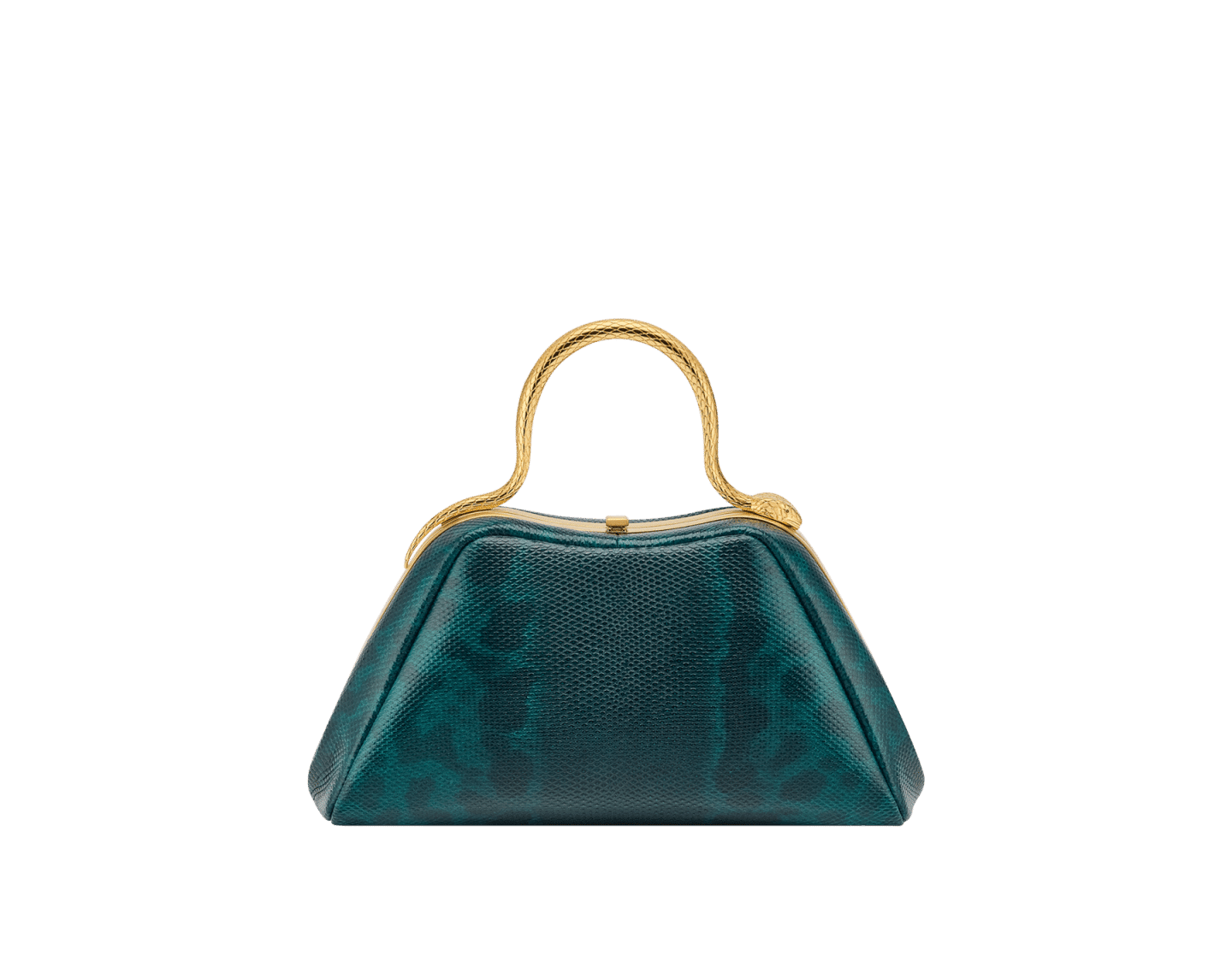 Bvlgari Serpentine Mini Top Handle Bag in bright forest emerald shiny karung with a gold-plated snake body handle and red enamel eyes.
