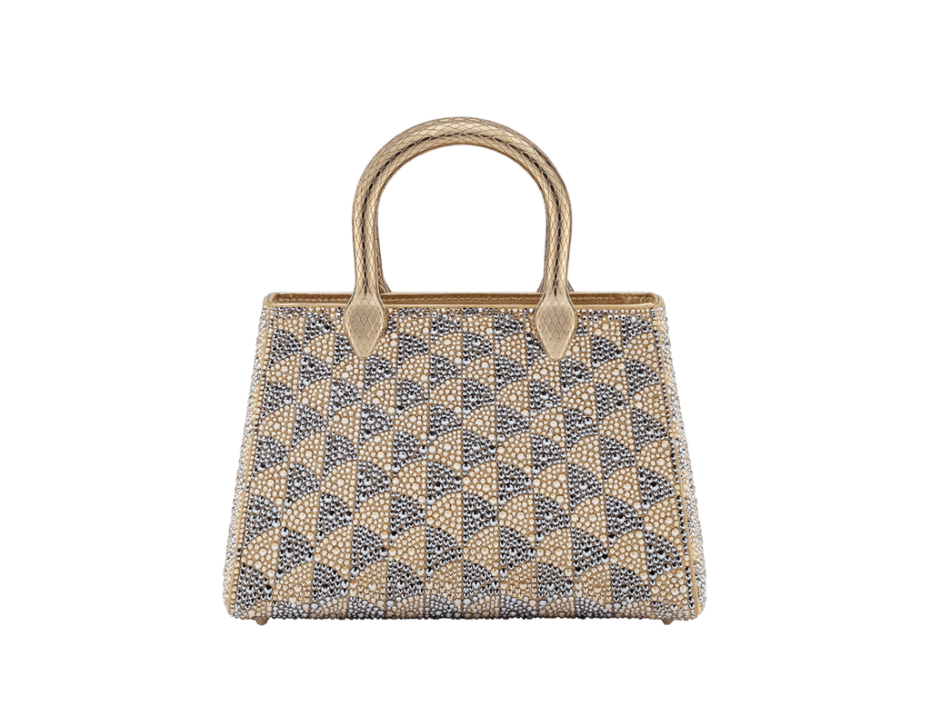 Bvlgari Serpentine Duo Tote Bag in Bright Travertino suede with hand-applied Calla Crystals and snake body-shaped handles.