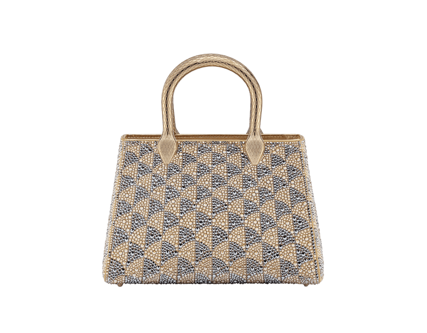 Bvlgari Serpentine Duo Tote Bag in Bright Travertino suede with hand-applied Calla Crystals and snake body-shaped handles.