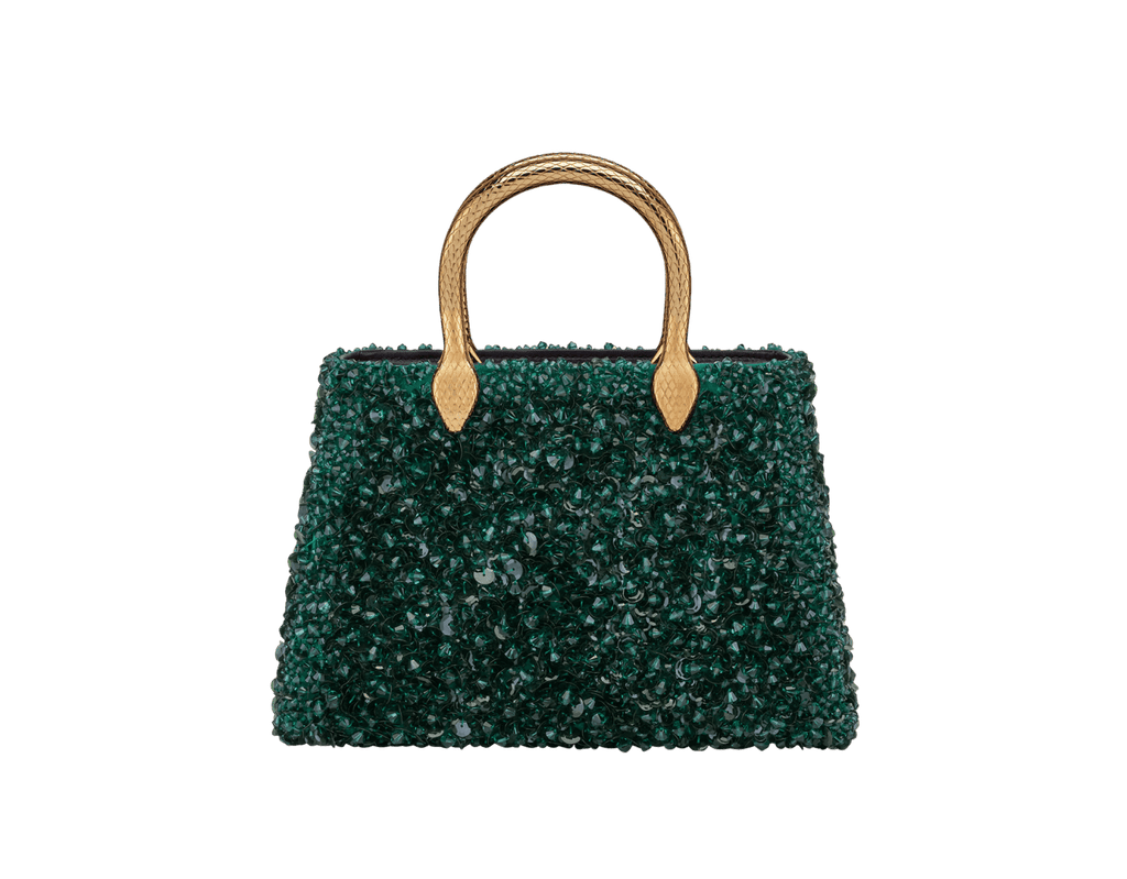 Bvlgari Serpentine Duo Tote Bag in forest emerald Mosaic Embroidery satin with hand-sewn sequins and signature snake body-shaped handles.