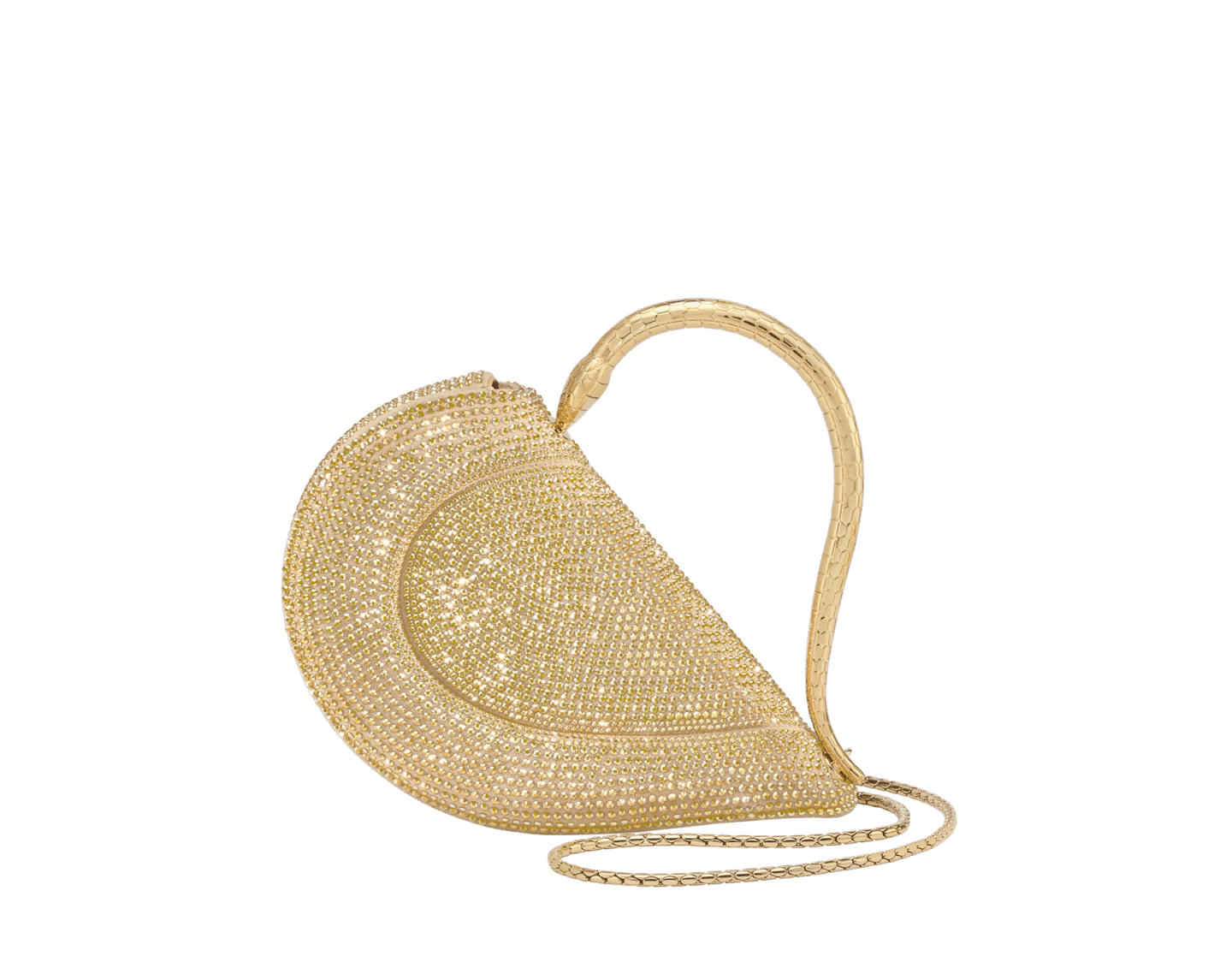 Bvlgari Serpenti Cuore 1968 Top Handle Bag in gold Neige Pavé Crystals with a serpentine metallic handle and detachable snake body-shaped chain.