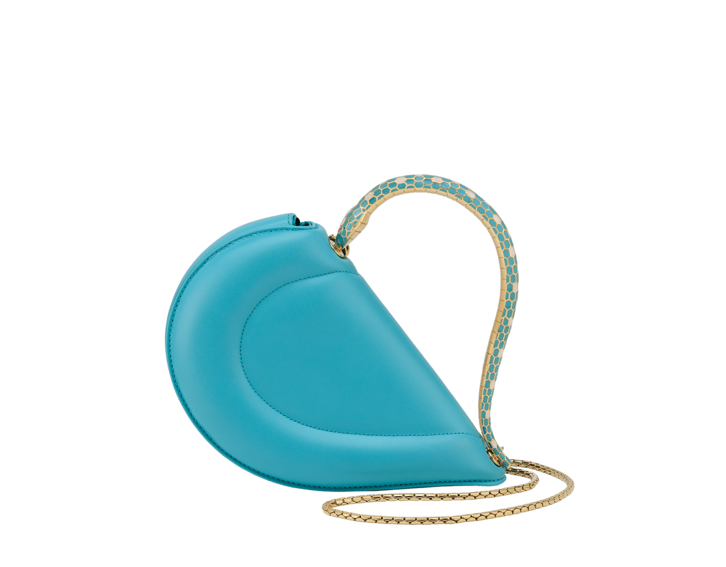 Bvlgari Serpenti Cuore 1968 top handle bag in feroza turquoise calf leather with a serpentine metallic handle and multicolored enamel details.
