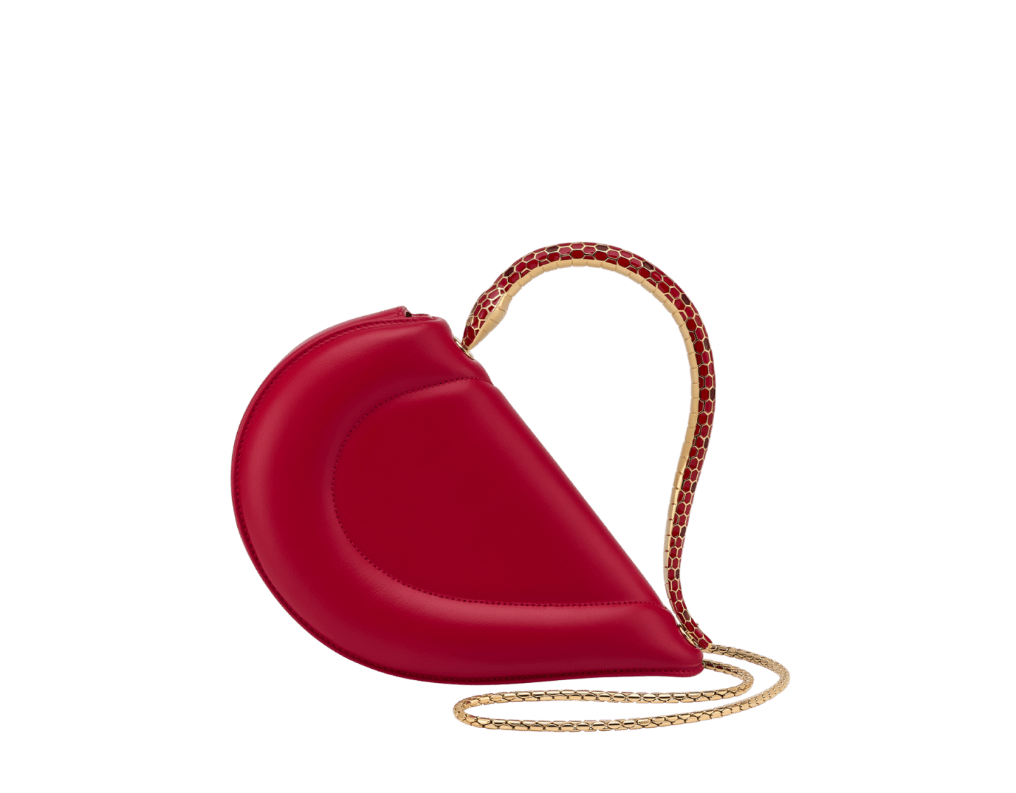 Bvlgari Serpenti Cuore 1968 top handle bag in royal ruby calf leather with a serpentine metallic handle and multicolored enamel detailing.