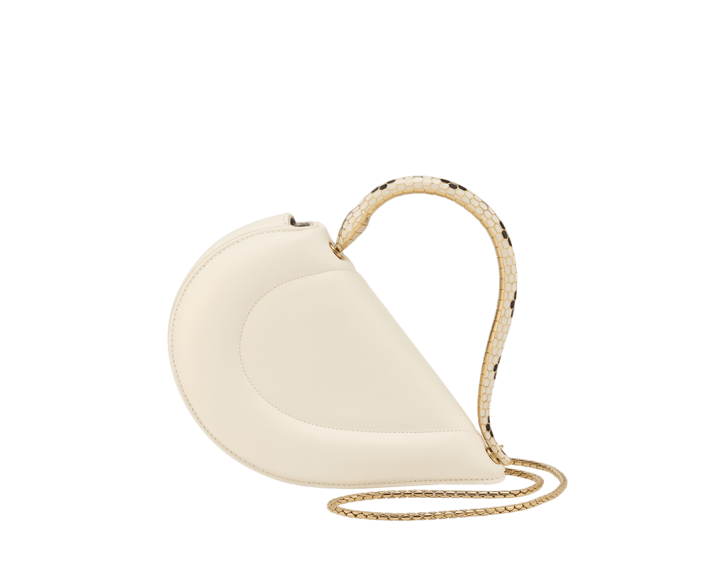 Bvlgari Serpenti Cuore 1968 top handle bag in perla white calf leather with a serpentine metallic handle and multicolored enamel detailing.