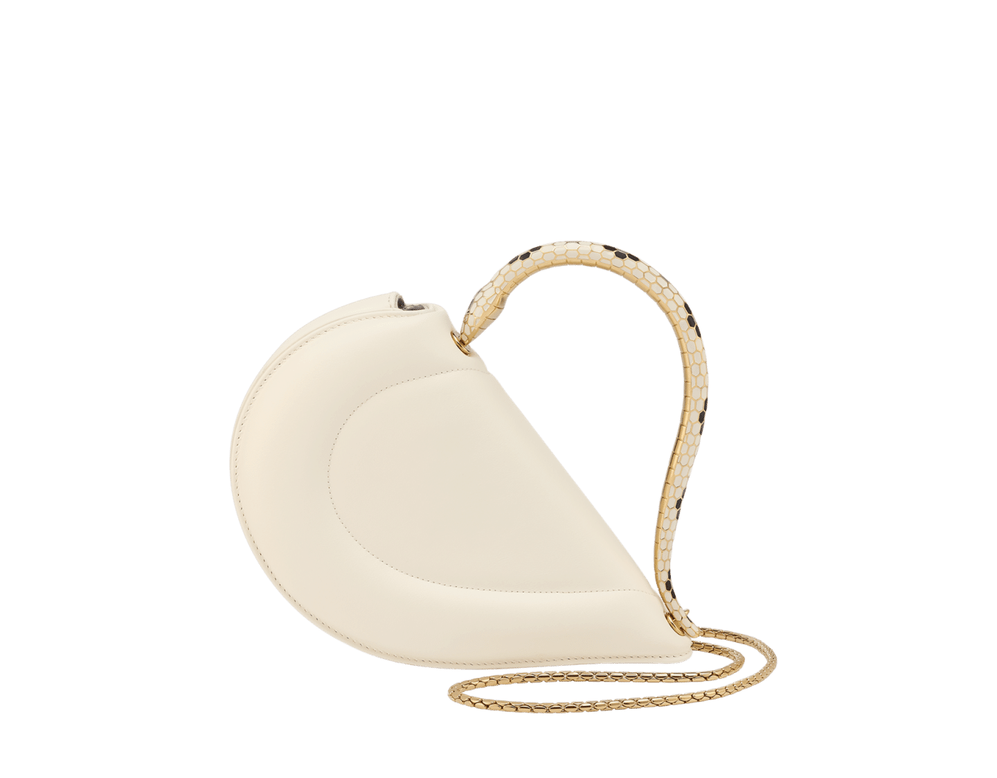 Bvlgari Serpenti Cuore 1968 top handle bag in perla white calf leather with a serpentine metallic handle and multicolored enamel detailing.