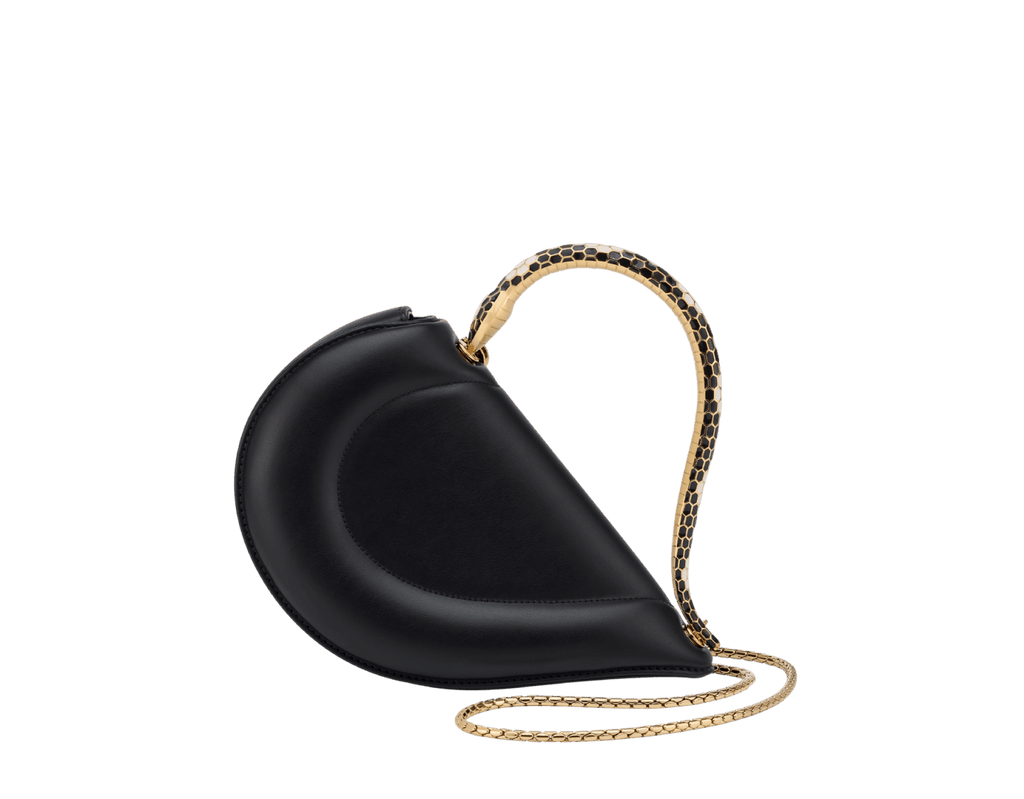 Bvlgari Serpenti Cuore 1968 top handle bag in black calf leather with a serpentine metallic handle and multicolored enamel details.