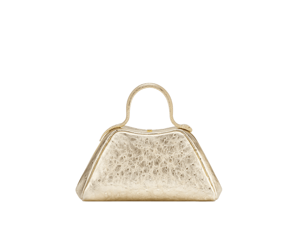 Bvlgari Serpentine Mini Top Handle Bag in light gold metallic ostrich skin with a gold-plated snake body handle and red enamel eyes.
