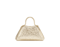 Bvlgari Serpentine Mini Top Handle Bag in light gold metallic ostrich skin with a gold-plated snake body handle and red enamel eyes.