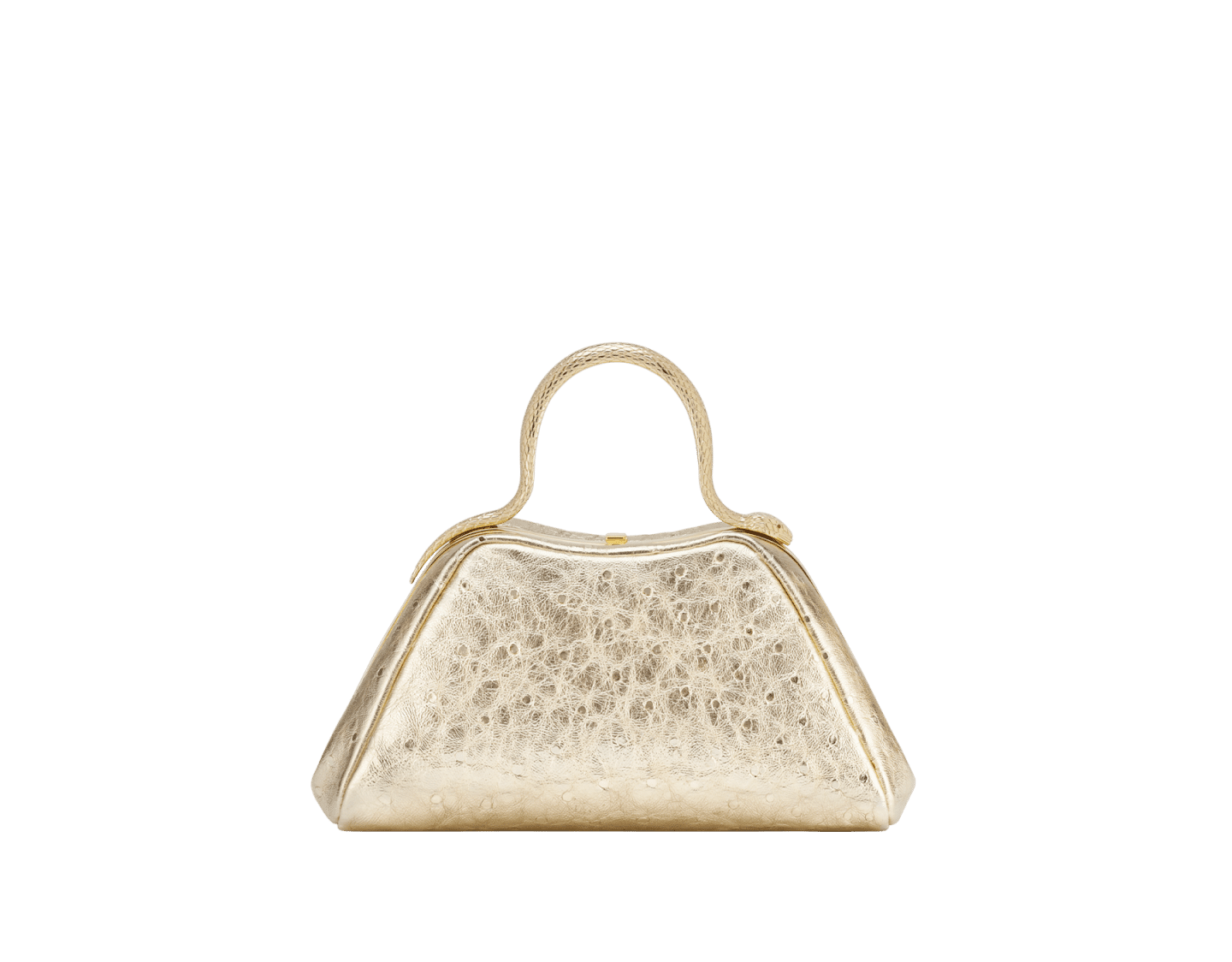Bvlgari Serpentine Mini Top Handle Bag in light gold metallic ostrich skin with a gold-plated snake body handle and red enamel eyes.