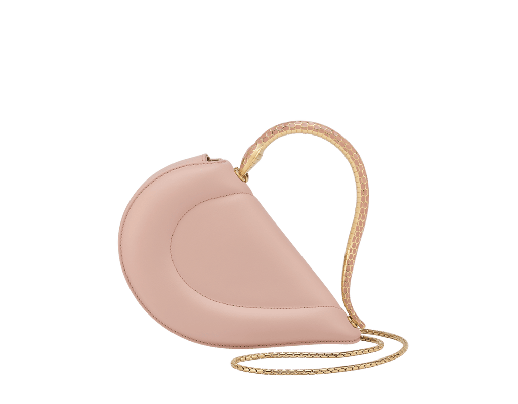 Bvlgari Serpenti Cuore 1968 top handle bag in star rose pink calf leather with a serpentine metallic handle and multicolored enamel detailing.