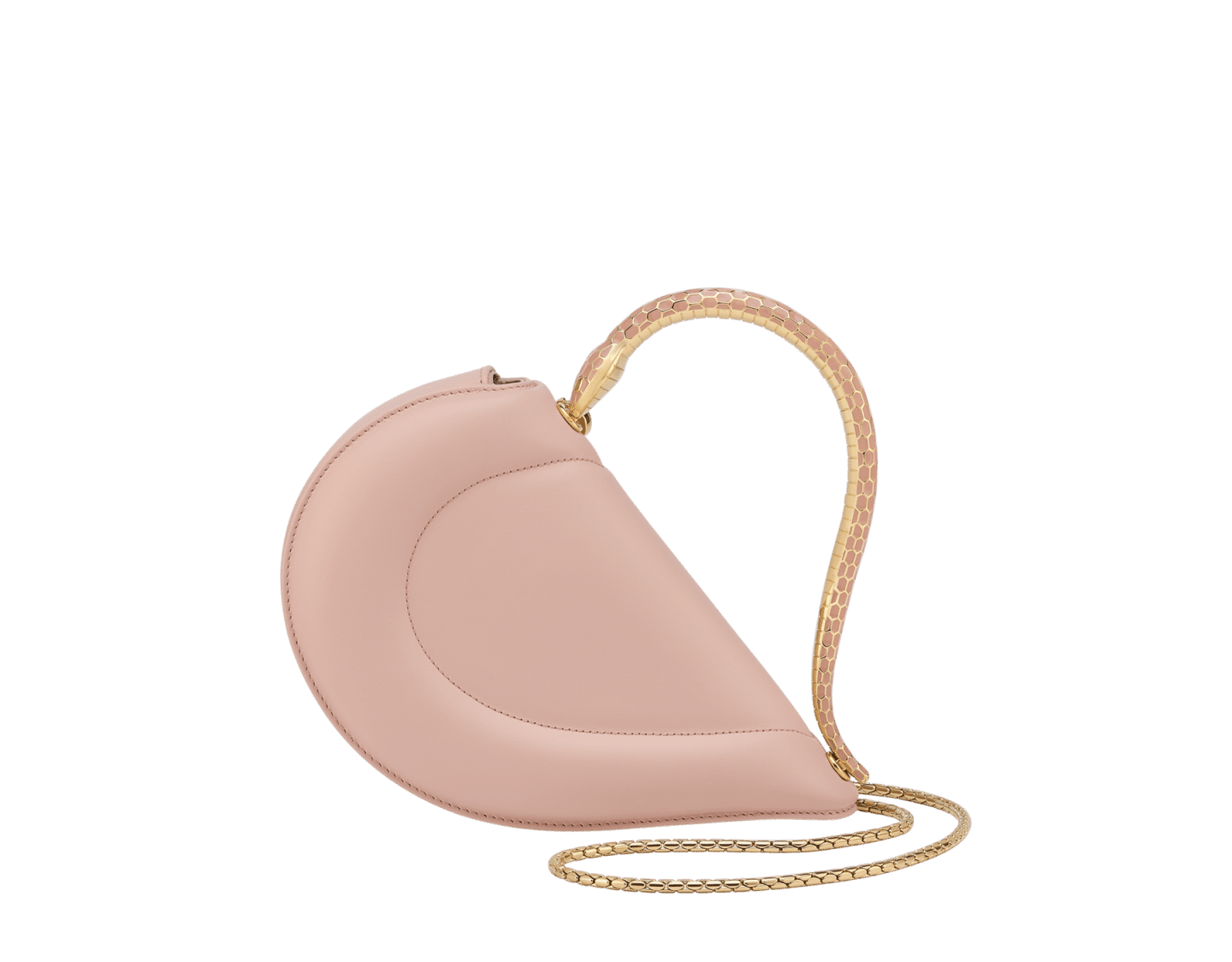 Bvlgari Serpenti Cuore 1968 top handle bag in star rose pink calf leather with a serpentine metallic handle and multicolored enamel detailing.