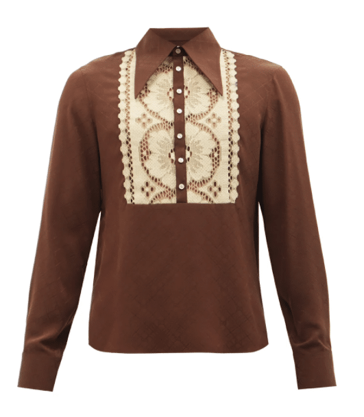 GUCCI Crocheted-bib GG-jacquard silk shirt